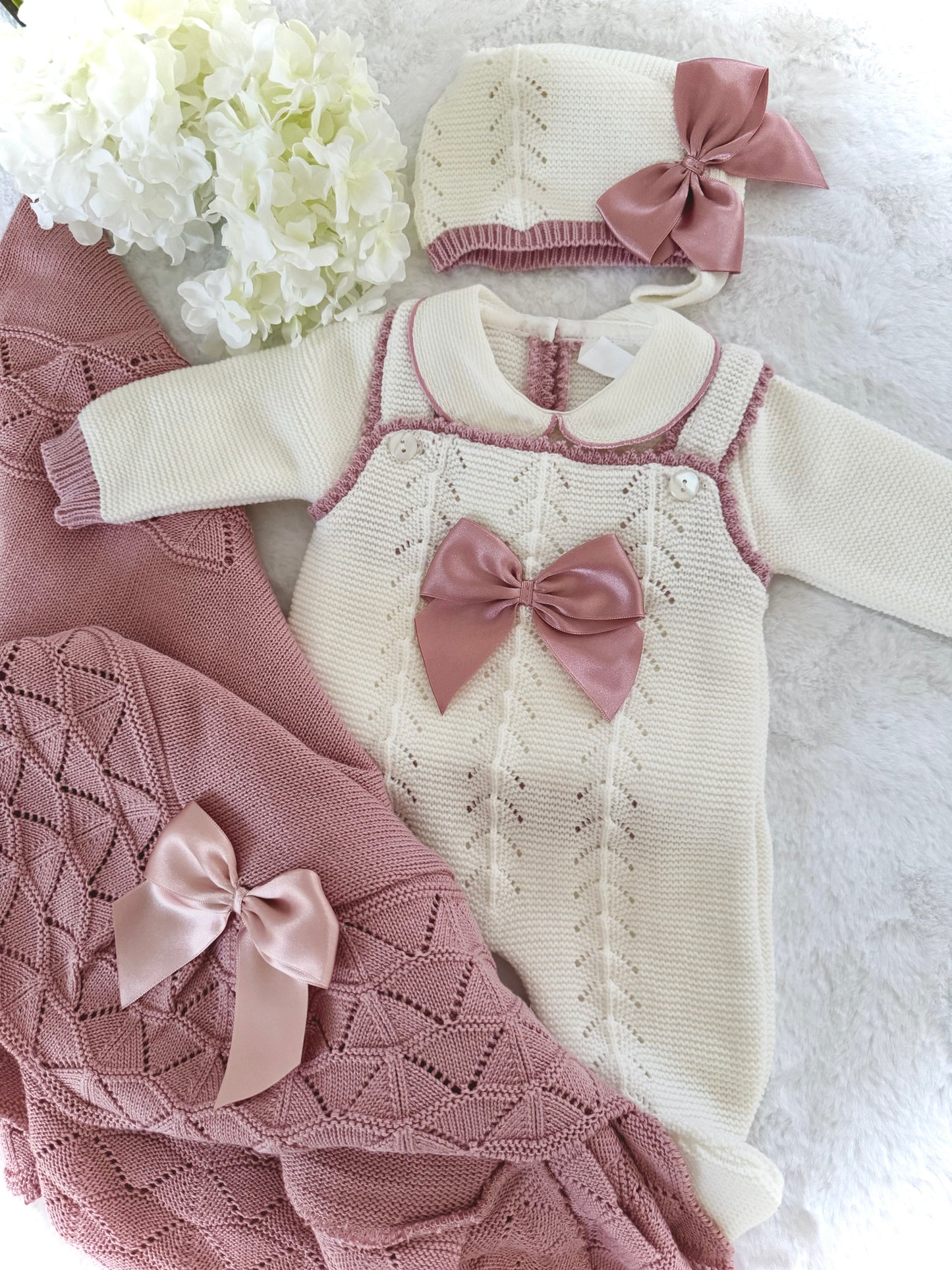 Ivory/Dusty Pink Knitted Romper w/Bow