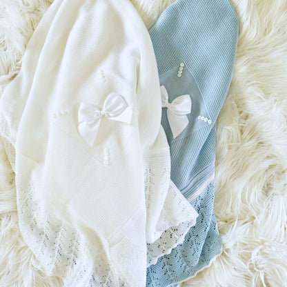 Light Blue Knitted Blanket with Bow