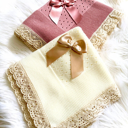 Dusty Pink Knitted Blanket with Lace/Bow