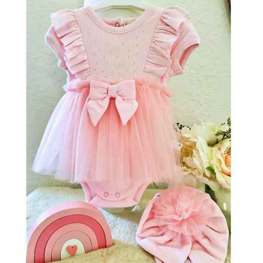 Ribbed Tulle Baby Dress with Turban