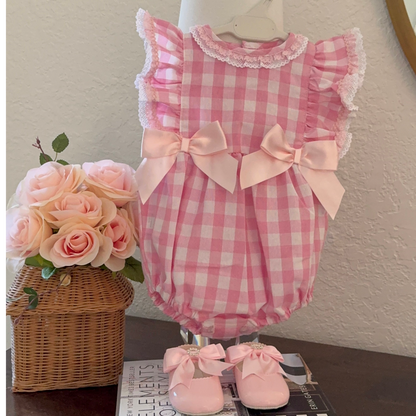 Pink Checked Frill Shoulder Romper