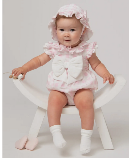 Pink Checked Heart Romper with Sun Hat