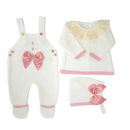 Pink Bow/Wooden Buttons Knitted Romper