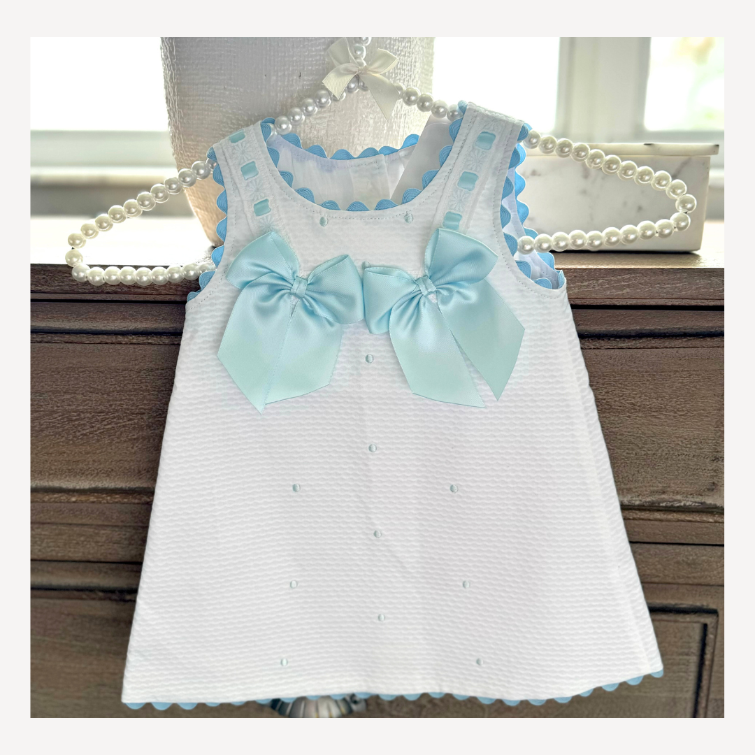 White waffle A line dress with blue bows