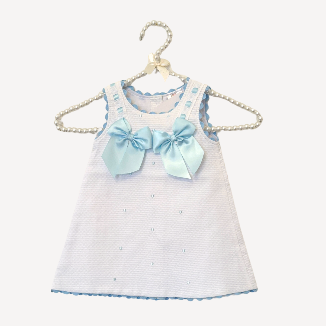 White waffle A line dress with blue bows