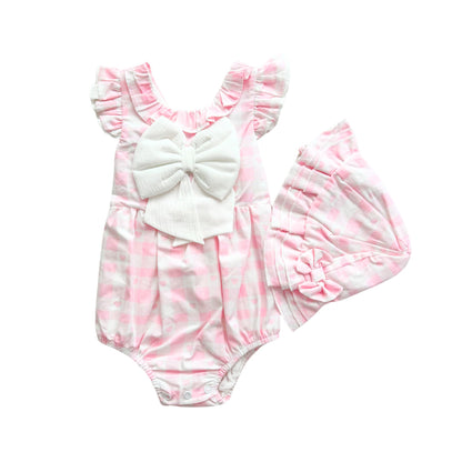 Pink Checked Heart Romper with Sun Hat