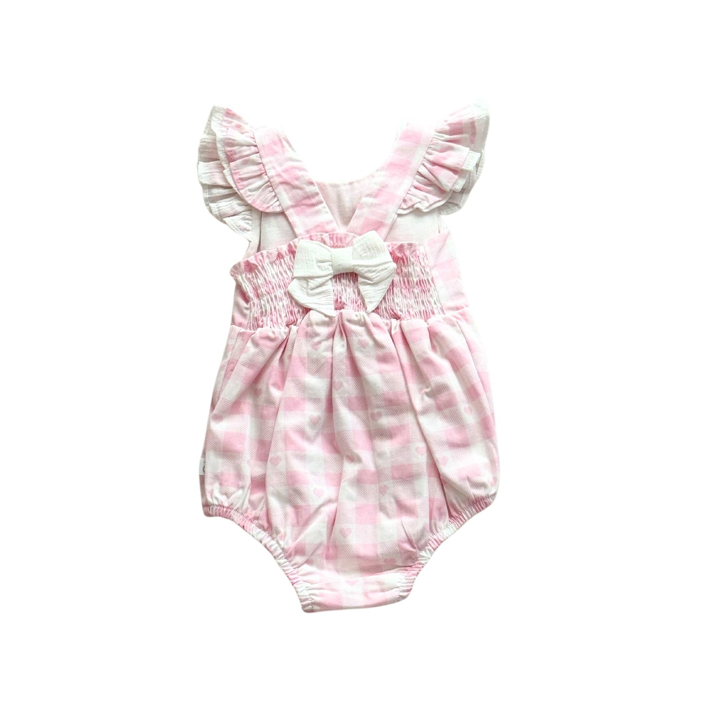 Pink Checked Heart Romper with Sun Hat