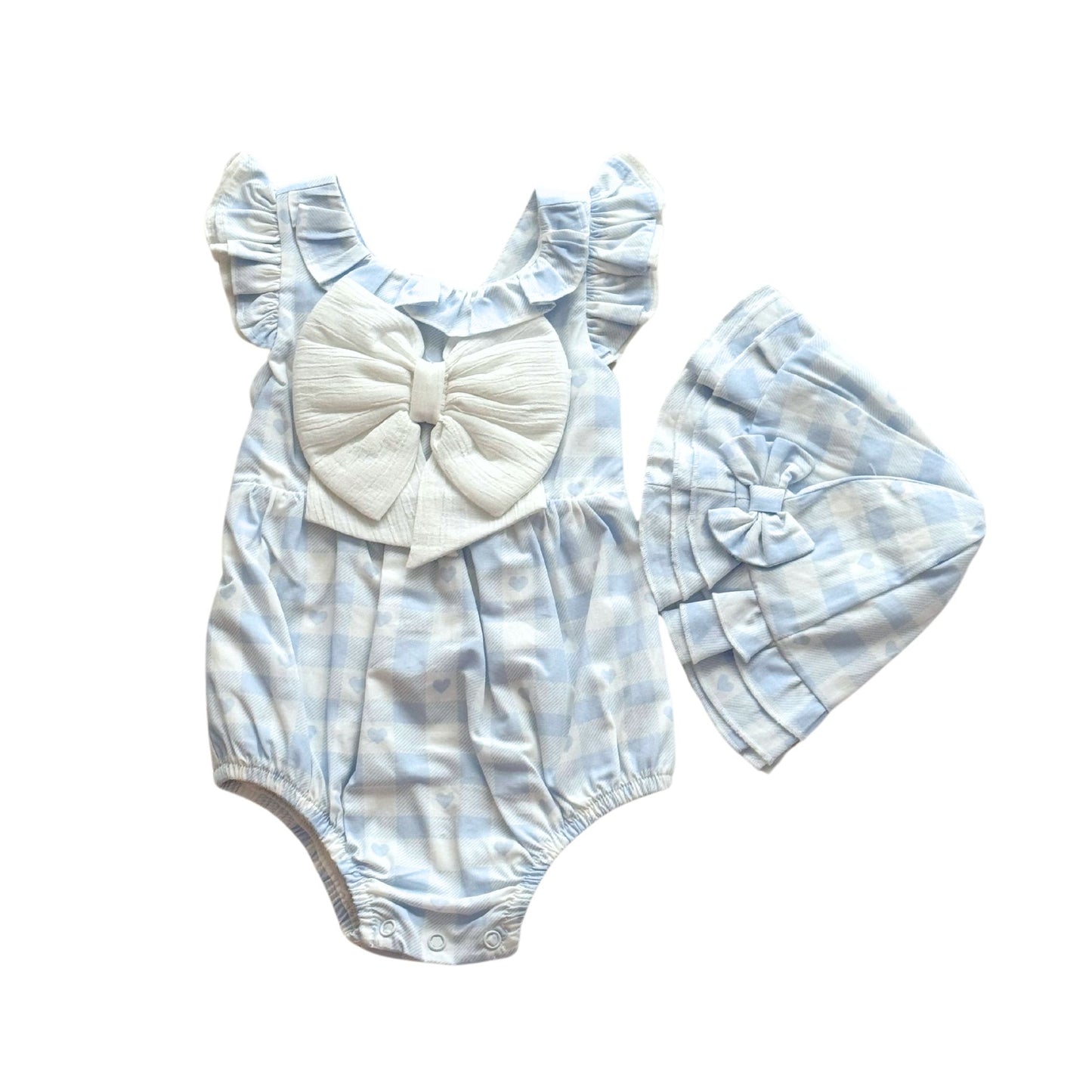 Blue Checked Heart Romper with Sun Hat