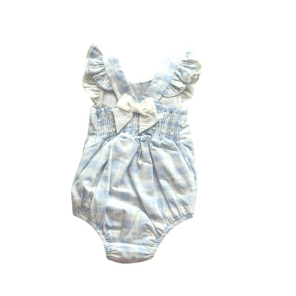 Blue Checked Heart Romper with Sun Hat